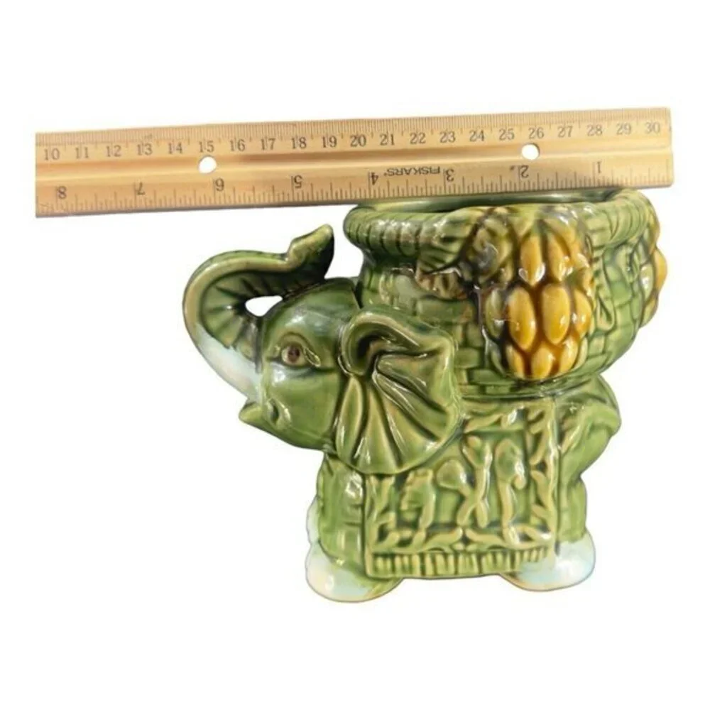 Vintage Majolica Style Ceramic‎ Elephant Dish Bowl Candle Votive Holder Green